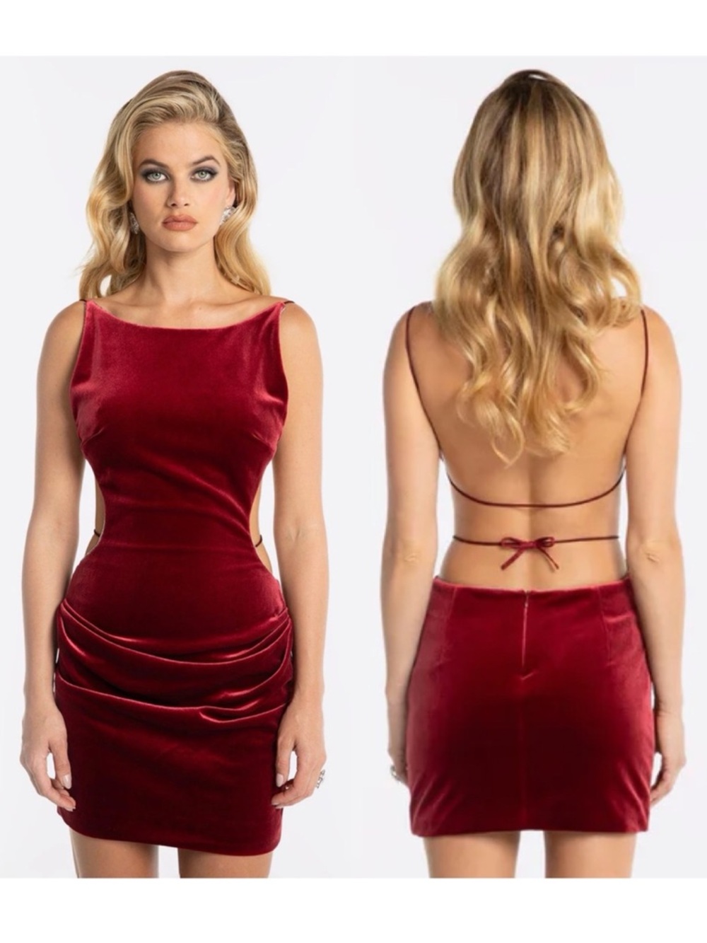 Nana Jacqueline Lucia Red Velvet & Rhinestone Backless Cocktail Party Mini Dress